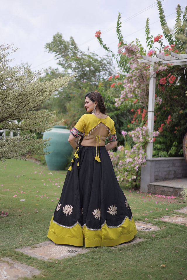 Black Embroidered with Mirror Lace Work Silk Lehenga (ACA8973)