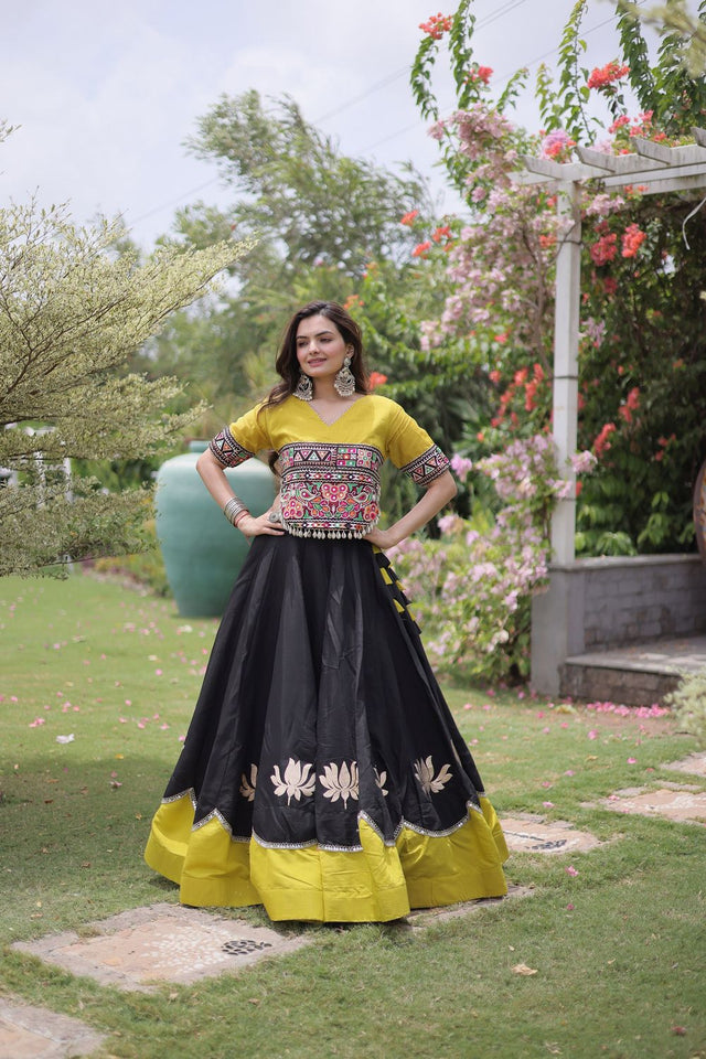 Black Embroidered with Mirror Lace Work Silk Lehenga (ACA8973)