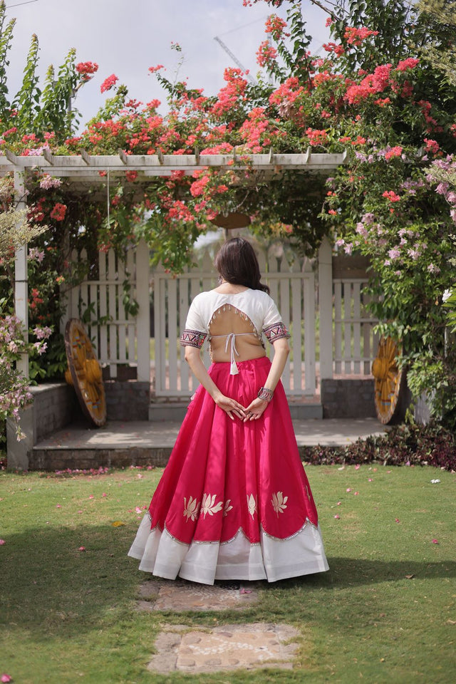 Pink Embroidered with Mirror Lace Work Silk Lehenga (ACA8975)