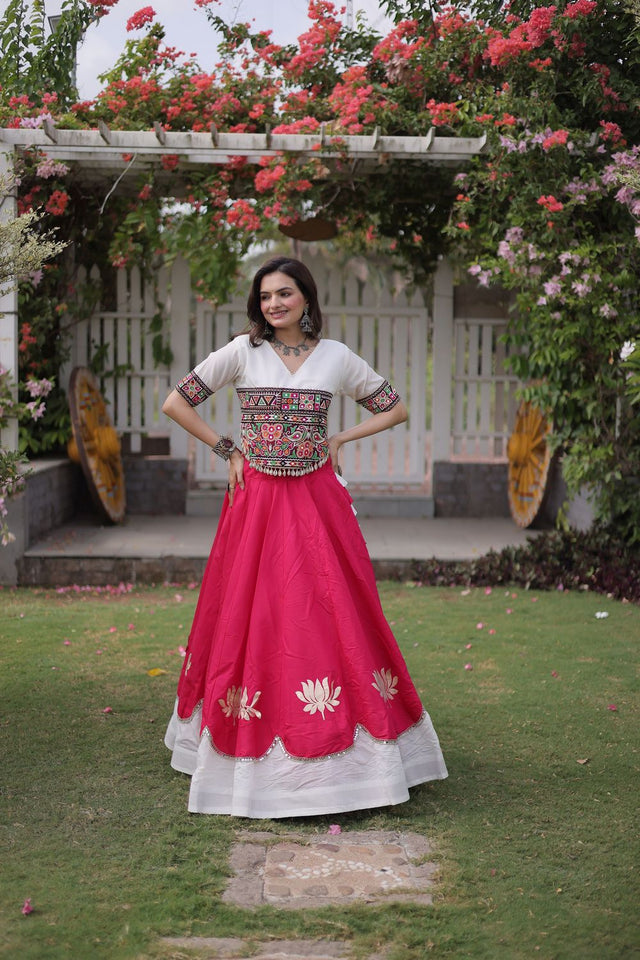 Pink Embroidered with Mirror Lace Work Silk Lehenga (ACA8975)
