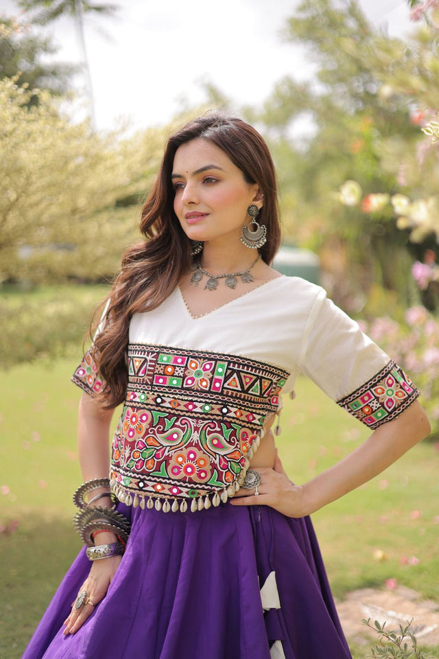 Purple Embroidered with Mirror Lace Work Silk Lehenga (ACA8976)