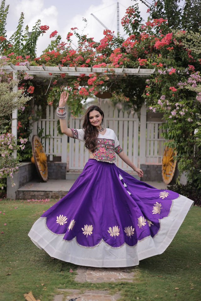 Purple Embroidered with Mirror Lace Work Silk Lehenga (ACA8976)
