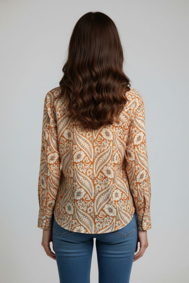 Orange Floral Printed Crepe Shirt (ACA8978)