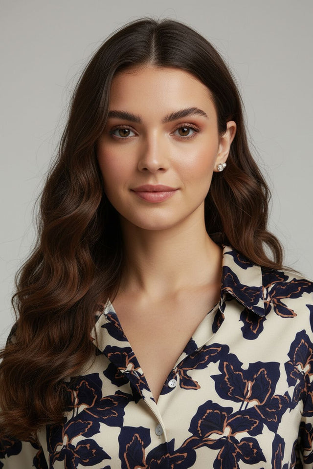 Blue Floral Printed Crepe Shirt (ACA8981)