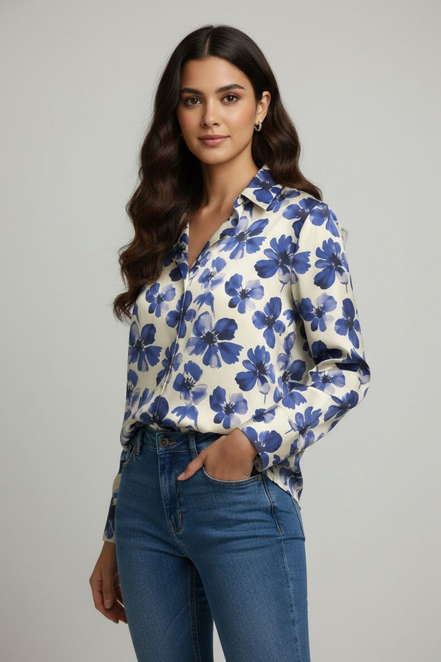 Blue Floral Printed Crepe Shirt (ACA8982)