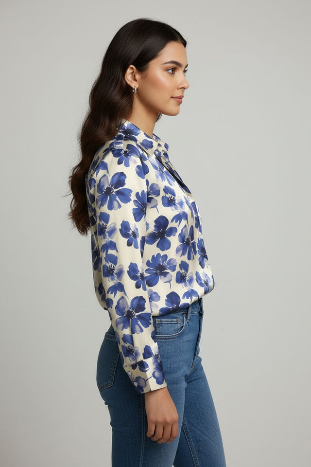 Blue Floral Printed Crepe Shirt (ACA8982)