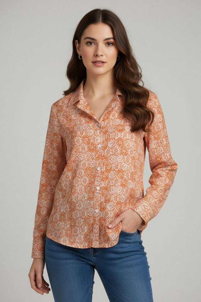 Orange Printed Crepe Shirt (ACA8983)