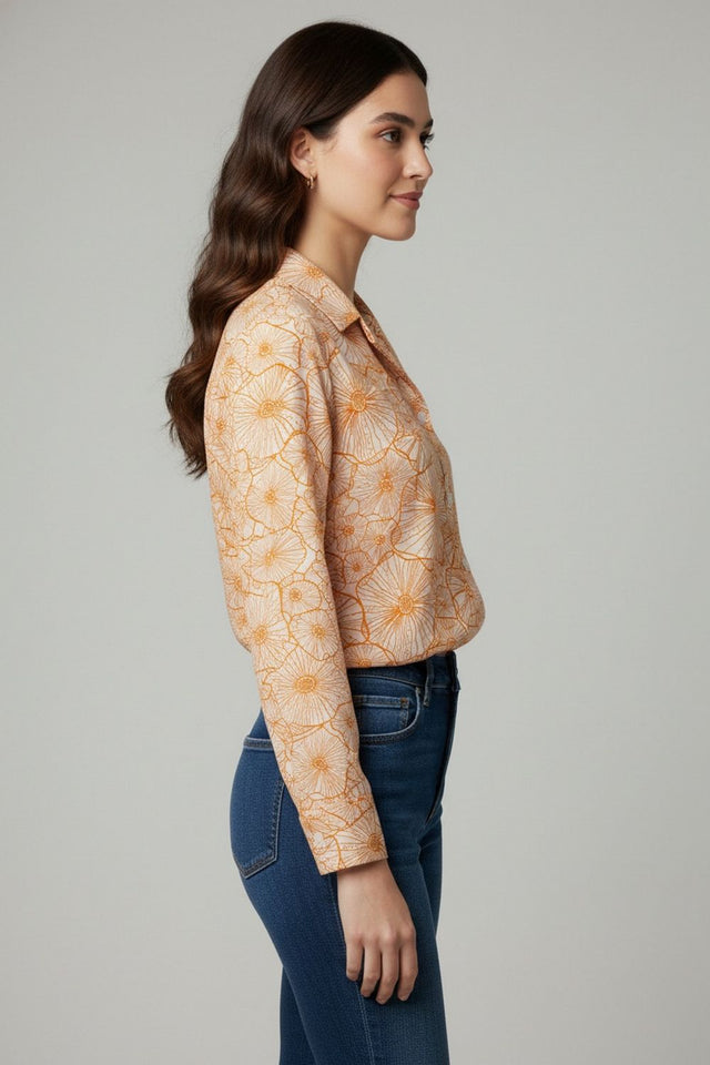 Peach Floral Printed Crepe Shirt (ACA8985)