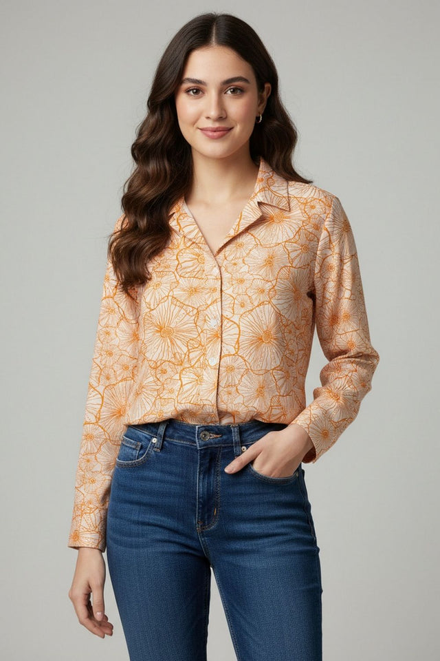 Peach Floral Printed Crepe Shirt (ACA8985)