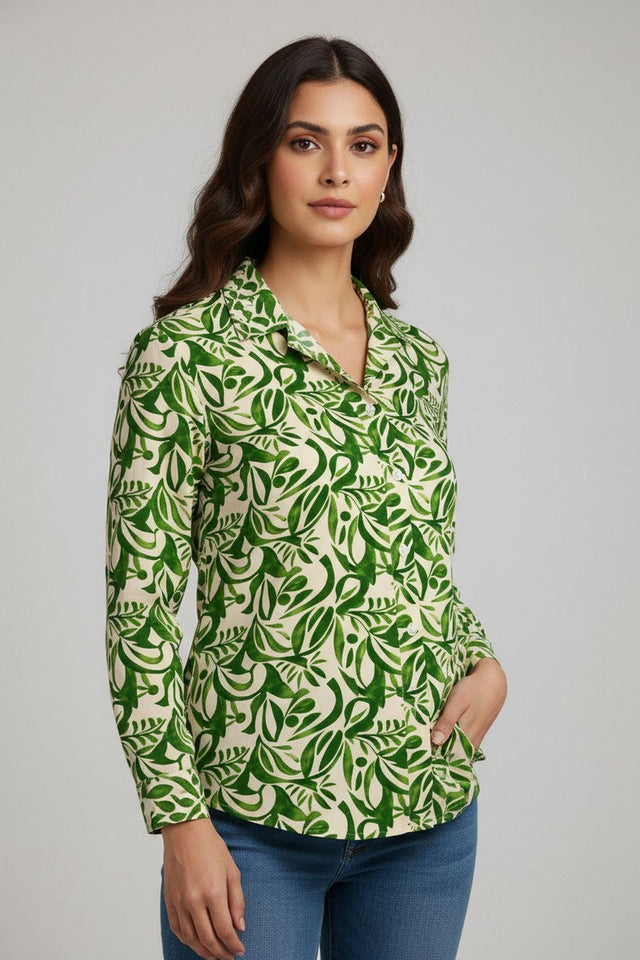 Green Printed Satin Shirt (ACA8987)