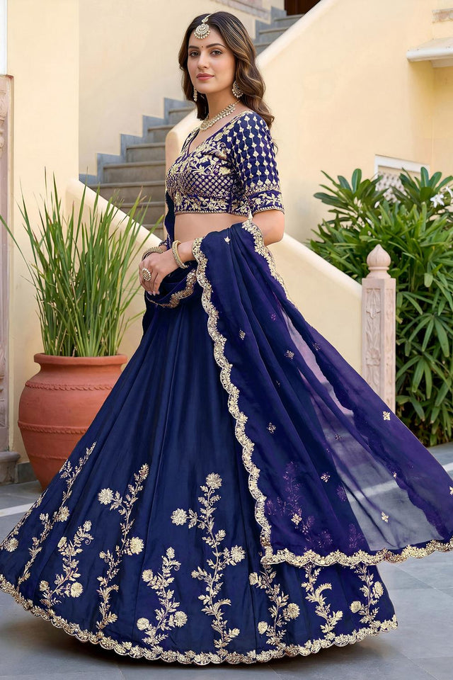 Blue Floral Embroidered Silk Lehenga (ACA8993)