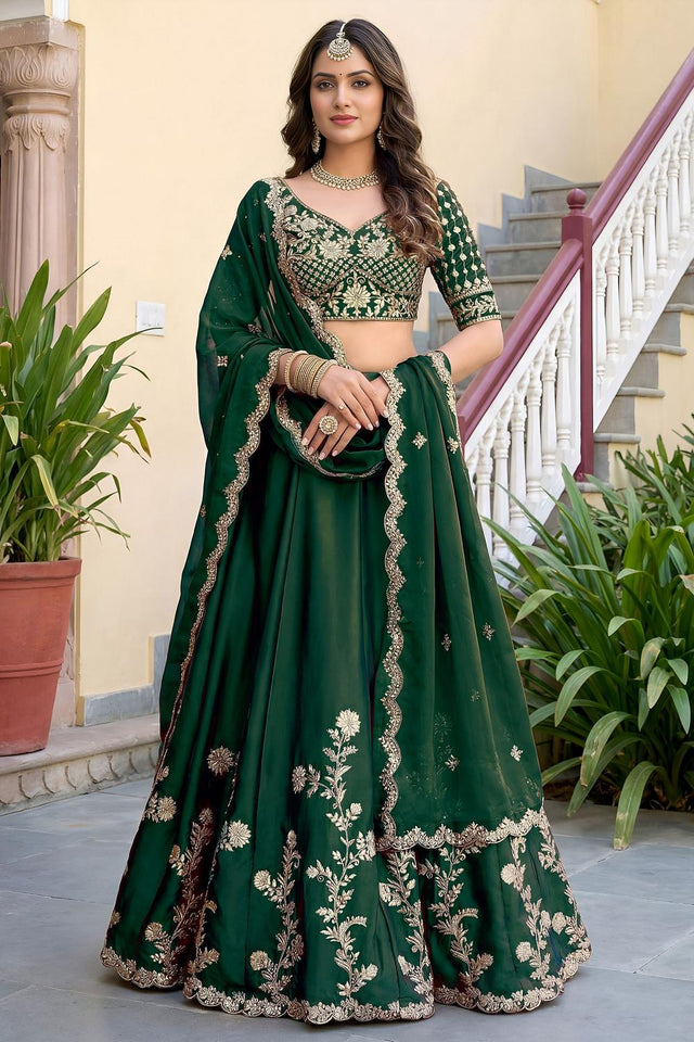 Green Floral Embroidered Silk Lehenga (ACA8994)