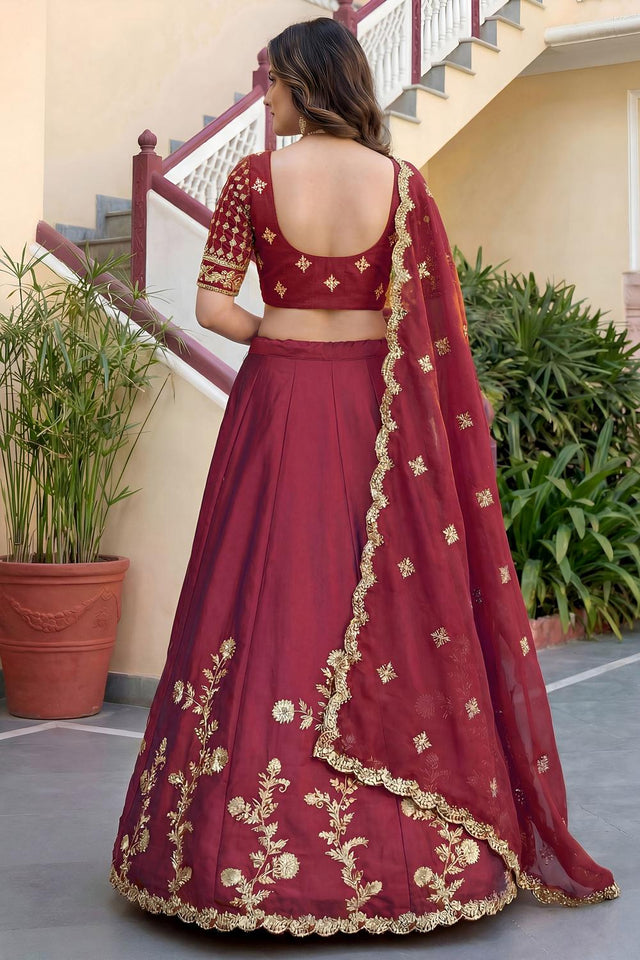Maroon Floral Embroidered Silk Lehenga (ACA8995)