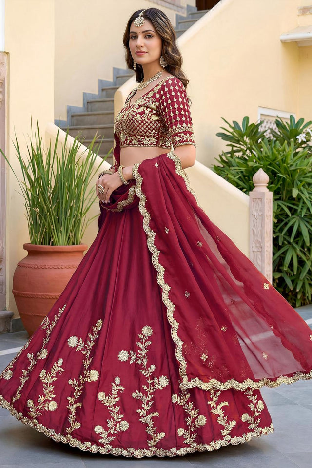 Maroon Floral Embroidered Silk Lehenga (ACA8995)
