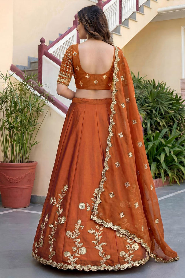 Rust Floral Embroidered Silk Lehenga (ACA8996)