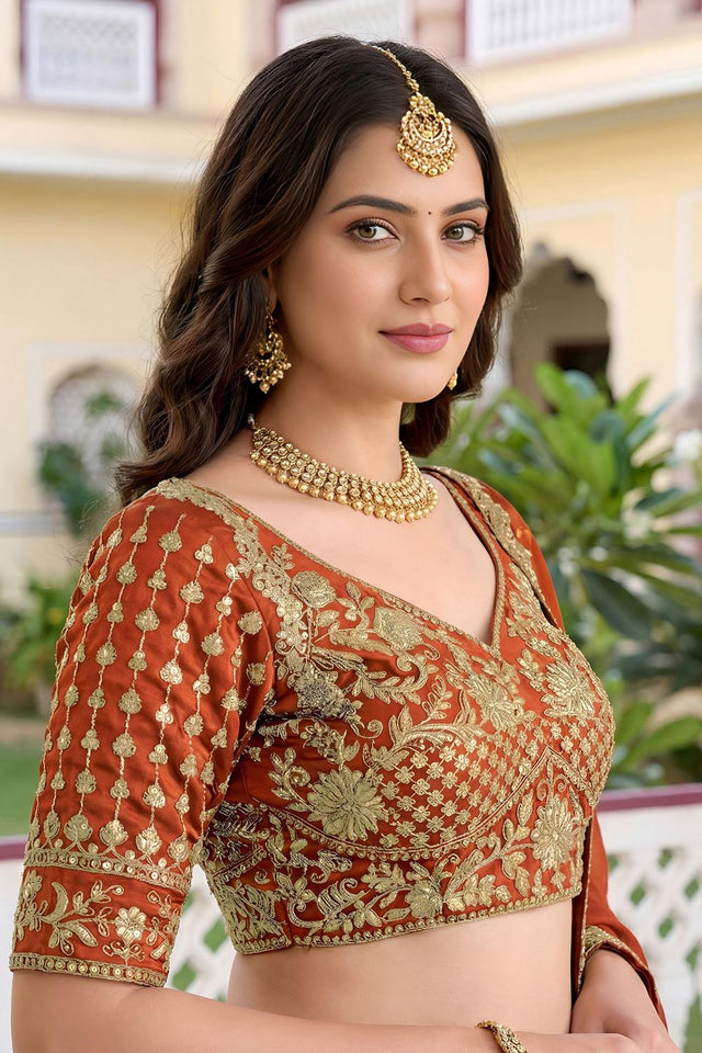 Rust Floral Embroidered Silk Lehenga (ACA8996)