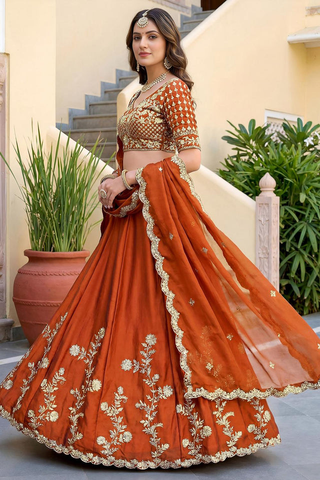 Rust Floral Embroidered Silk Lehenga (ACA8996)