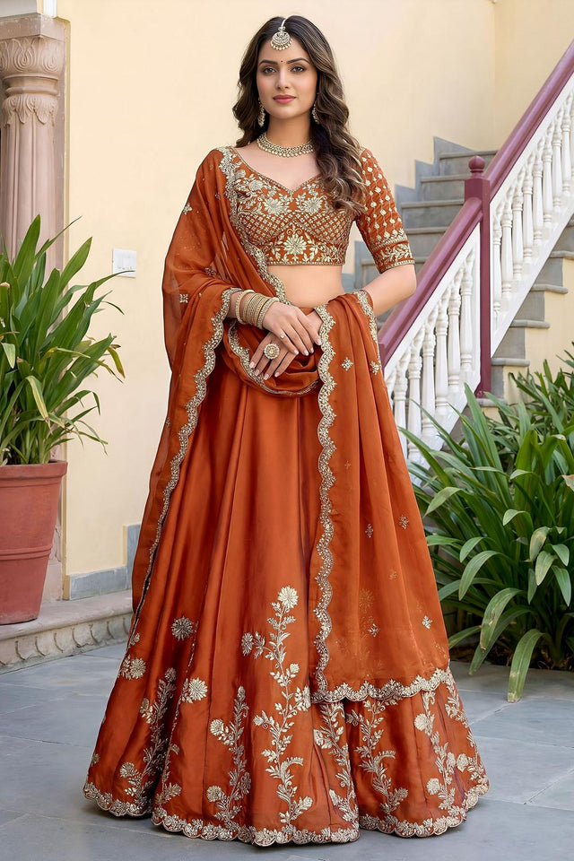 Rust Floral Embroidered Silk Lehenga (ACA8996)