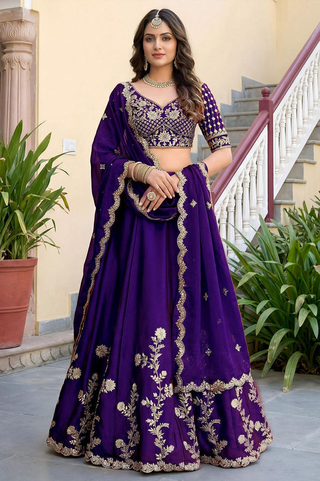 Purple Floral Embroidered Silk Lehenga (ACA8997)