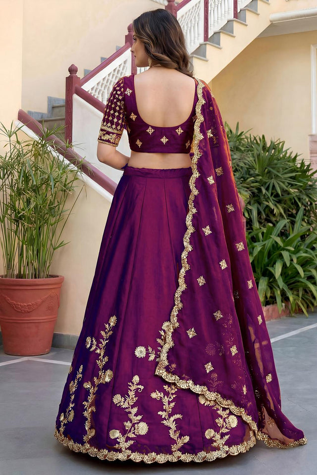 Wine Floral Embroidered Silk Lehenga (ACA8998)