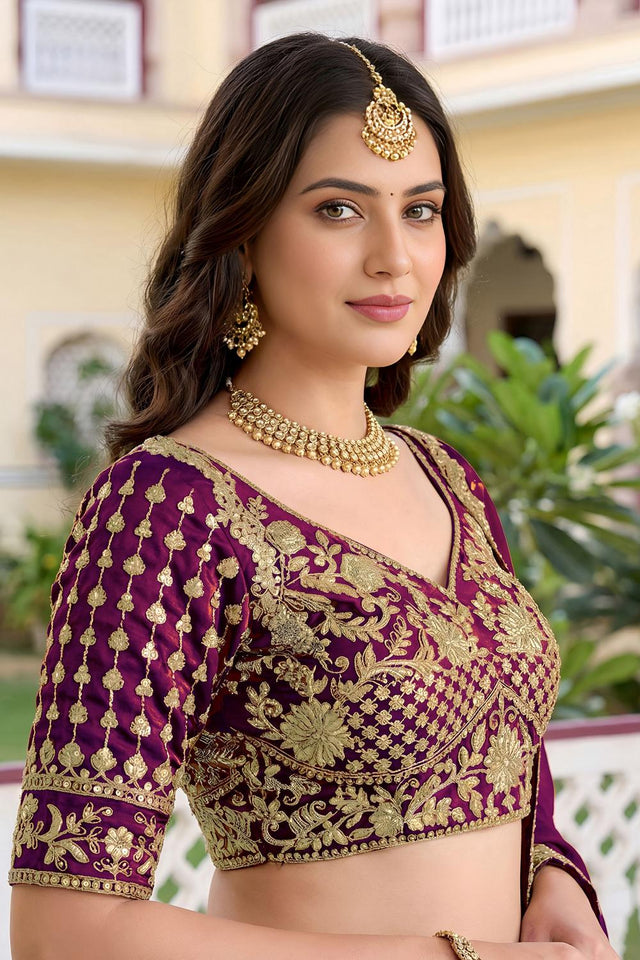 Wine Floral Embroidered Silk Lehenga (ACA8998)