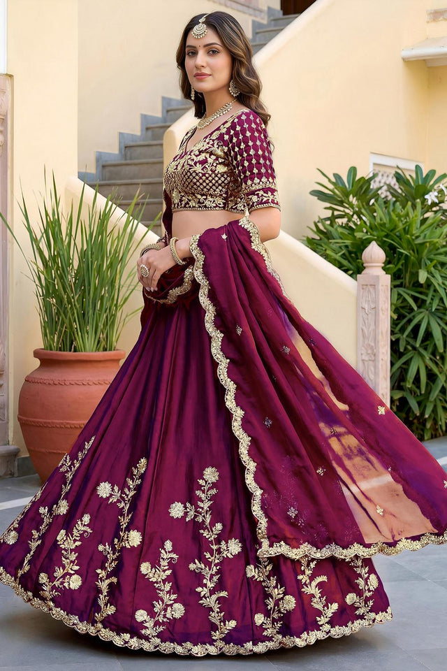 Wine Floral Embroidered Silk Lehenga (ACA8998)
