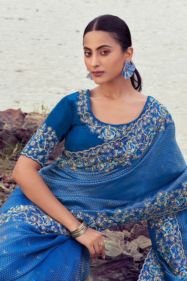 Blue Floral Embroidered Satin Saree (ACA9003)