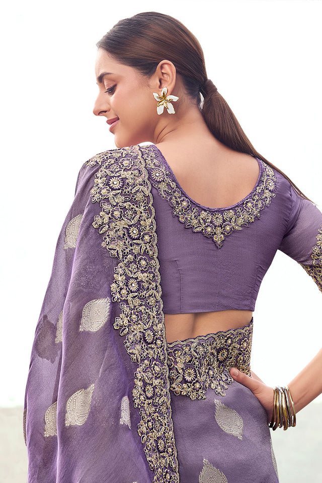 Lavender Floral Embroidered Tissue Saree (ACA9005)