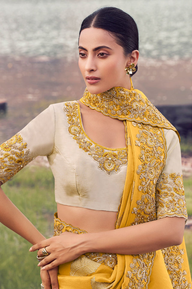 Mustard Sequin with Floral Embroidered Tissue Saree (ACA9006)