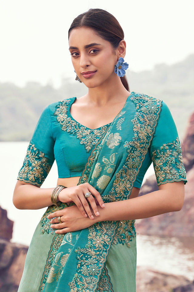 Sea Green Sequin with Floral Embroidered Bhagalpuri Tissue Saree (ACA9008)