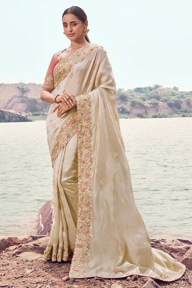 Cream Floral Embroidered Satin Saree (ACA9009)