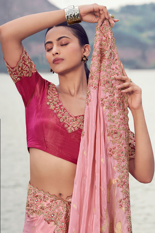 Peach Floral Embroidered Tissue Saree (ACA9010)