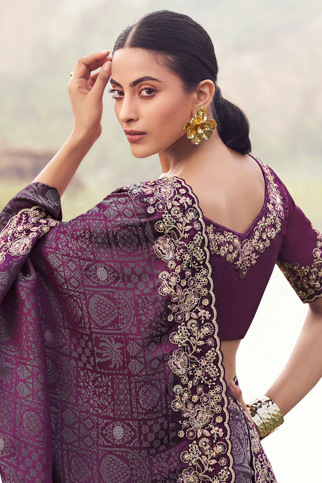 Purple Floral Embroidered Satin Saree (ACA9011)