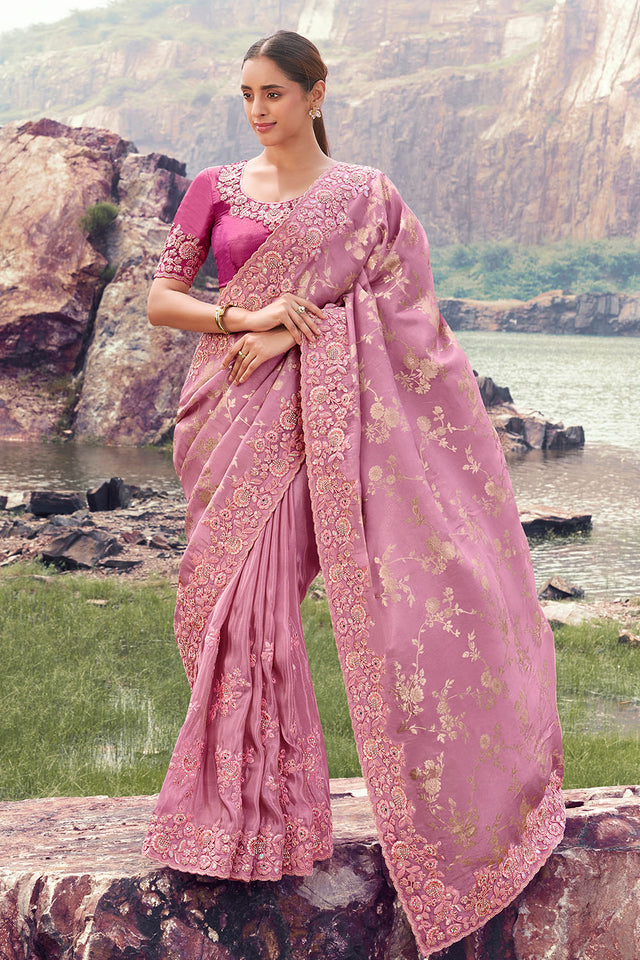 Pink Embllished with Floral Embroidered Tissue Saree (ACA9013)