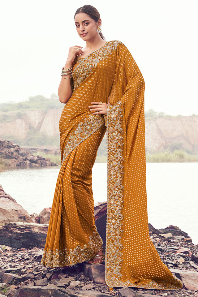 Mustard Sequin with Floral Embroidered Satin Saree (ACA9015)