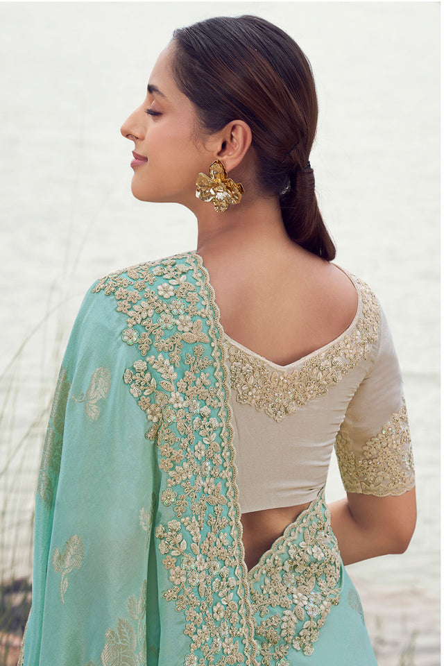 Sea Green Sequin with Floral Embroidered Tissue Saree (ACA9016)