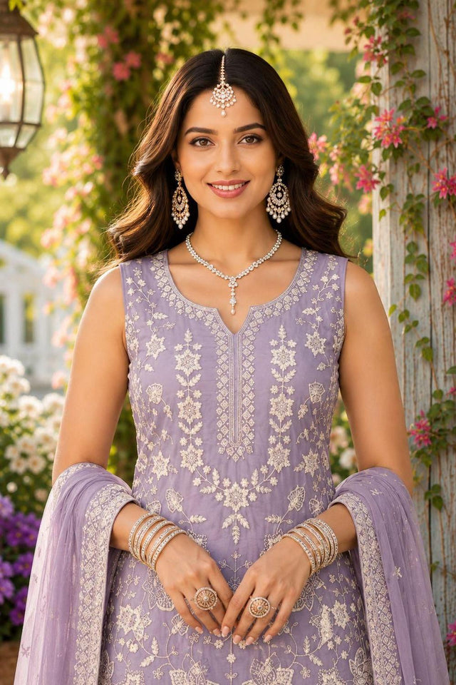 Lavender Floral Embroidered Chiffon Sharara Suit (ACA9018)