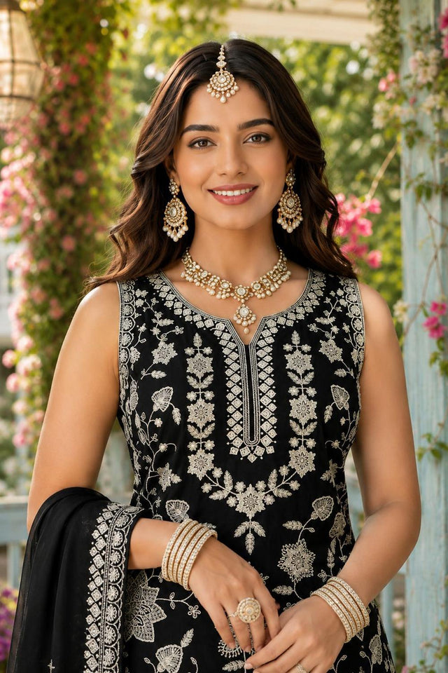 Black Floral Embroidered Chiffon Sharara Suit (ACA9019)
