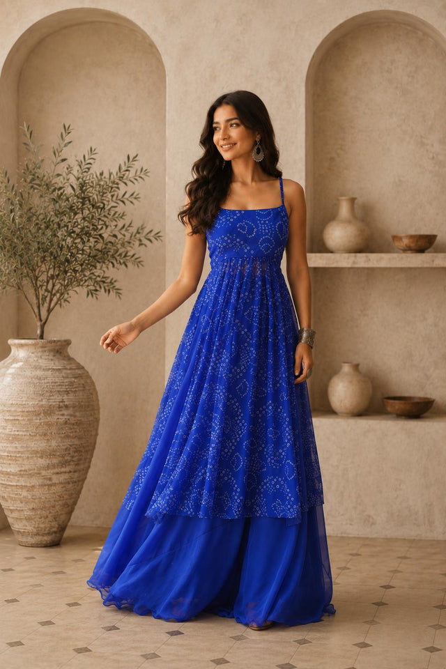Blue Bandhani Printed Georgette Palazzo Suit (ACA9020)