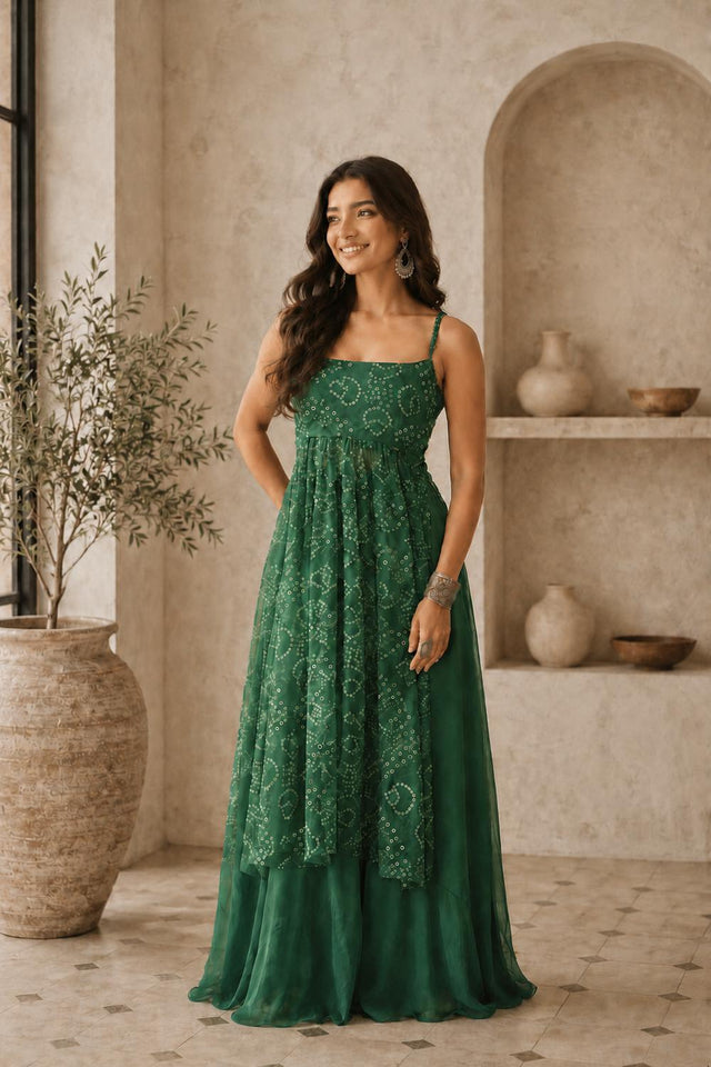 Green Bandhani Printed Georgette Palazzo Suit (ACA9021)