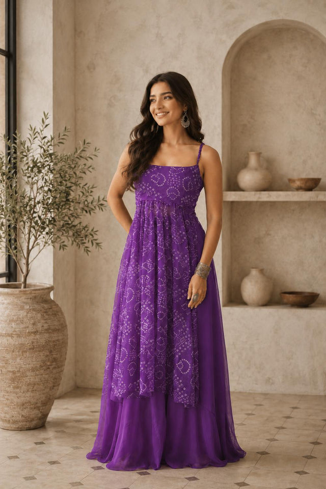 Purple Bandhani Printed Georgette Palazzo Suit (ACA9022)