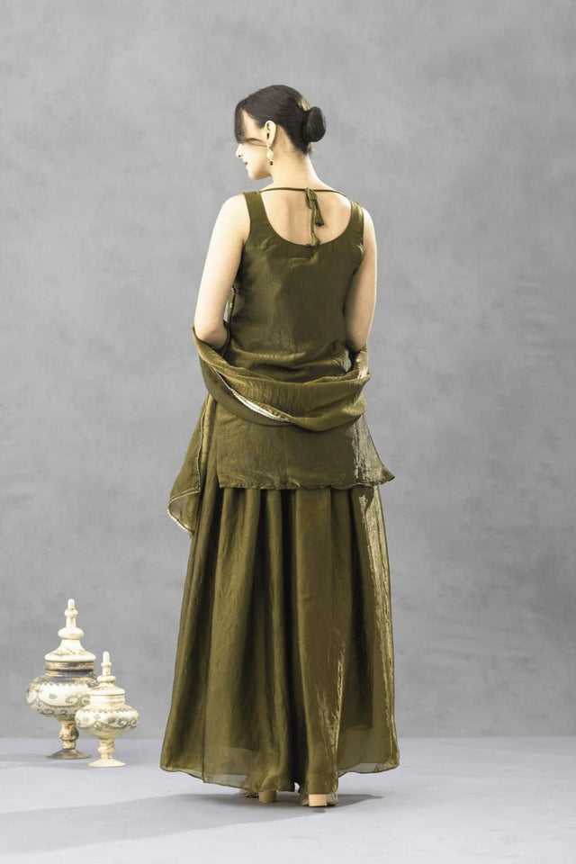 Green Floral Embroidered Silk Palazzo Suit (ACA9026)