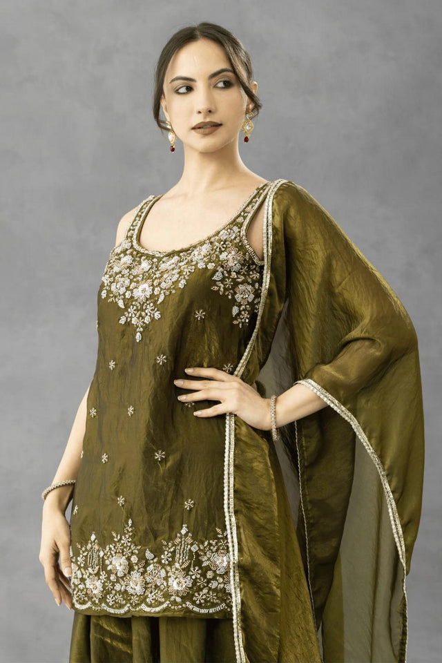 Green Floral Embroidered Silk Palazzo Suit (ACA9026)