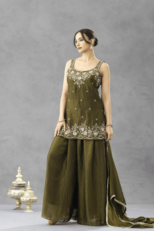 Green Floral Embroidered Silk Palazzo Suit (ACA9026)