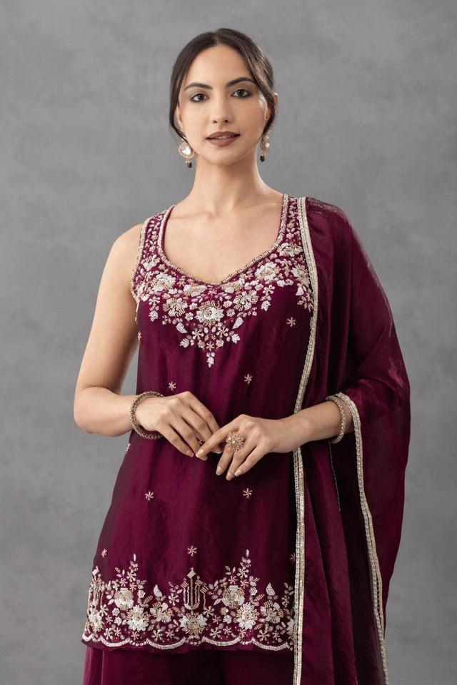 Purple Floral Embroidered Silk Palazzo Suit (ACA9027)