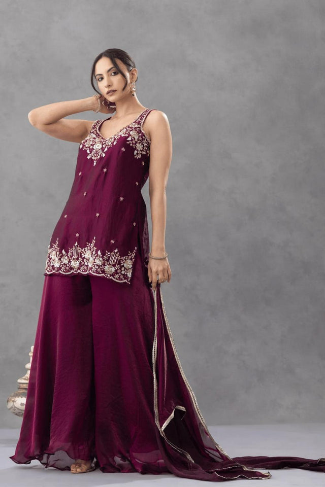 Purple Floral Embroidered Silk Palazzo Suit (ACA9027)