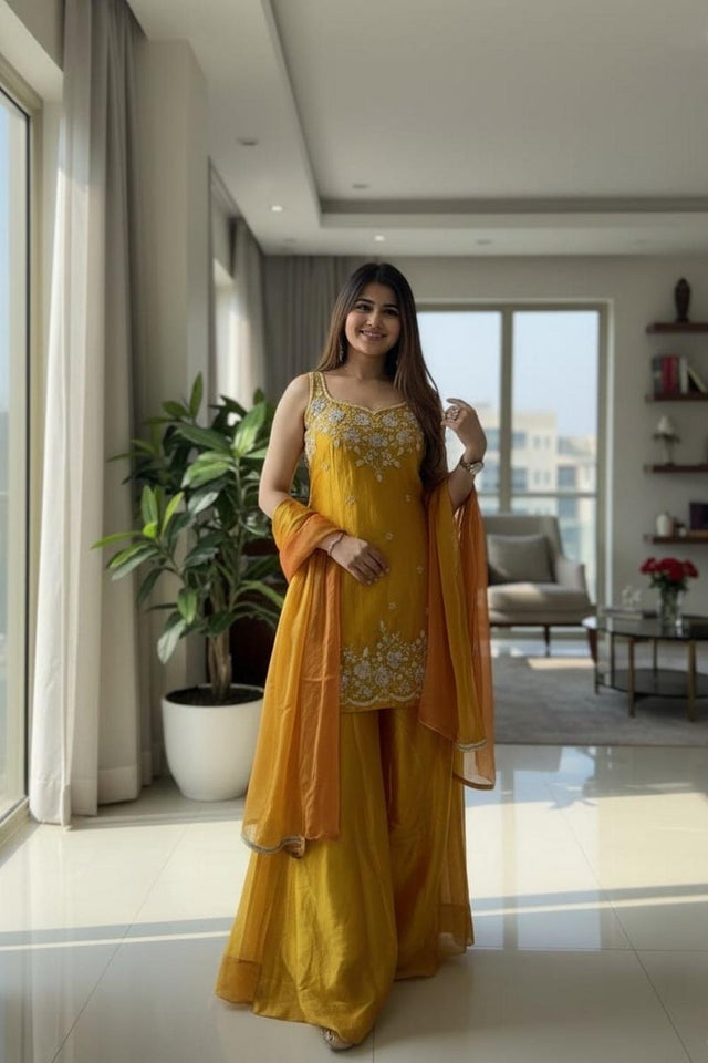 Mustard Floral Embroidered Silk Palazzo Suit (ACA9028)