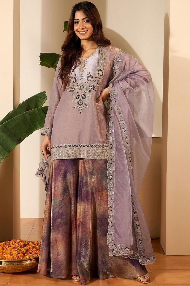 Mauve Floral Embroidered Satin Palazzo Suit (ACA9030)