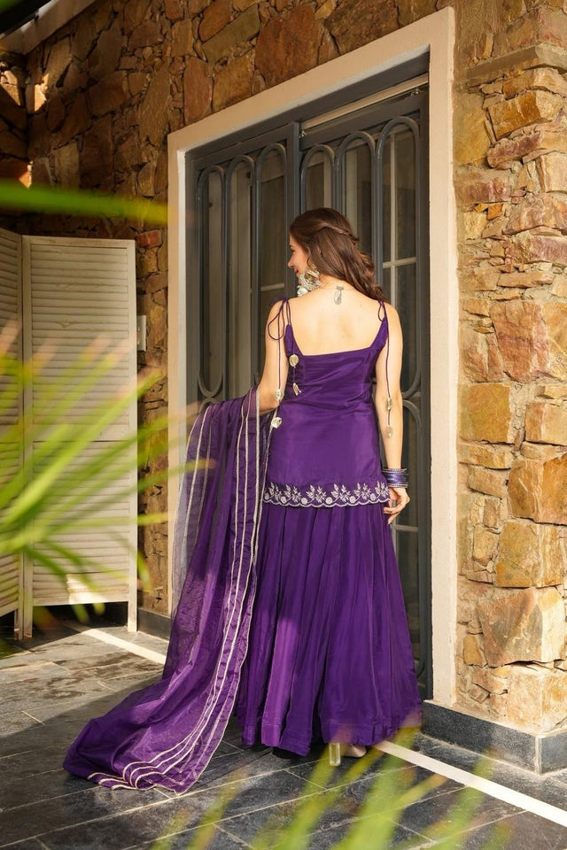 Purple Floral Embroidered Silk Skirt Set (ACA9036)
