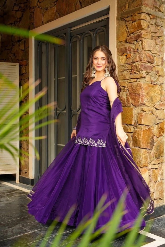Purple Floral Embroidered Silk Skirt Set (ACA9036)
